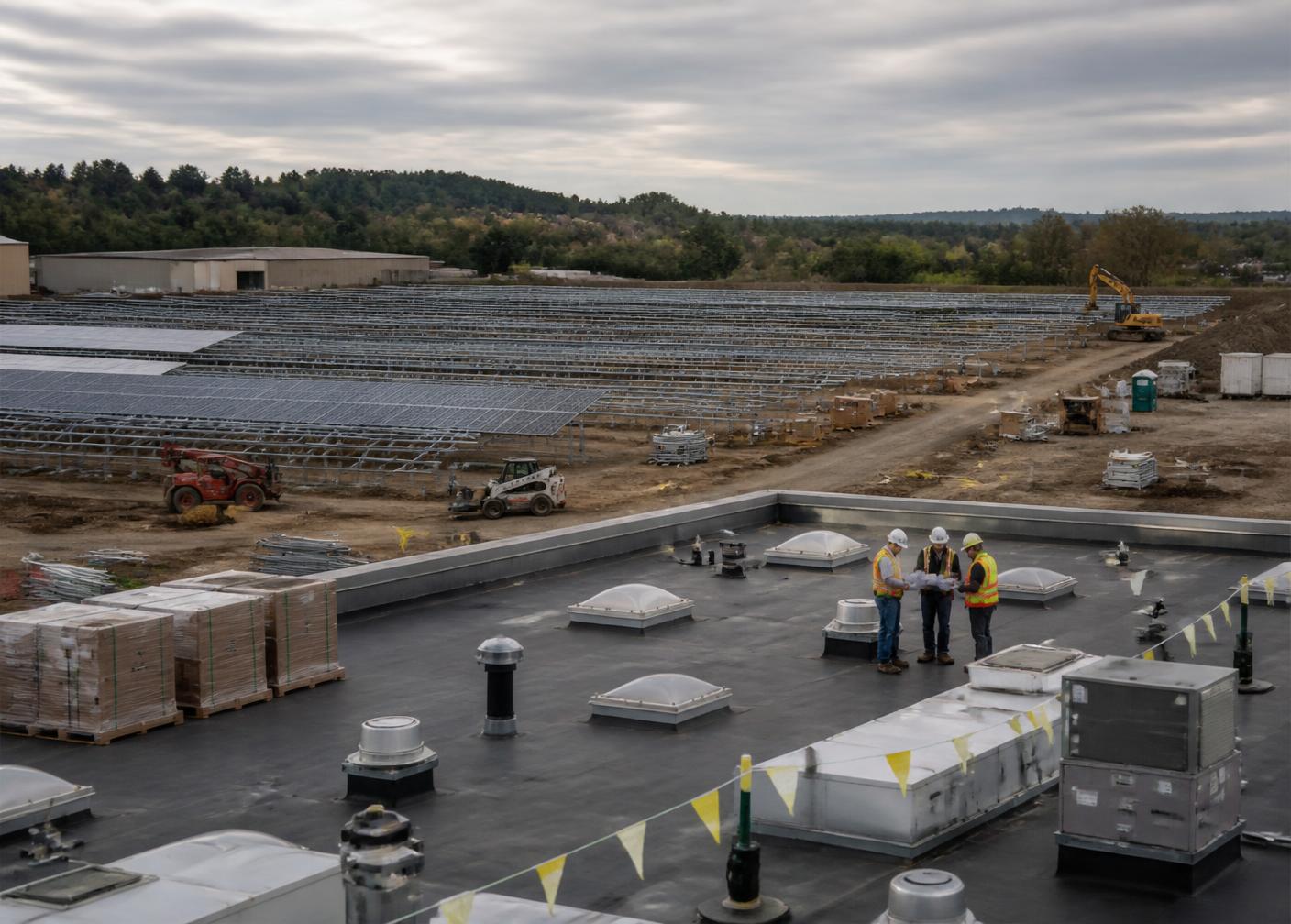 Solar project under construction with racking rows partially installed and field engineers reviewing plans